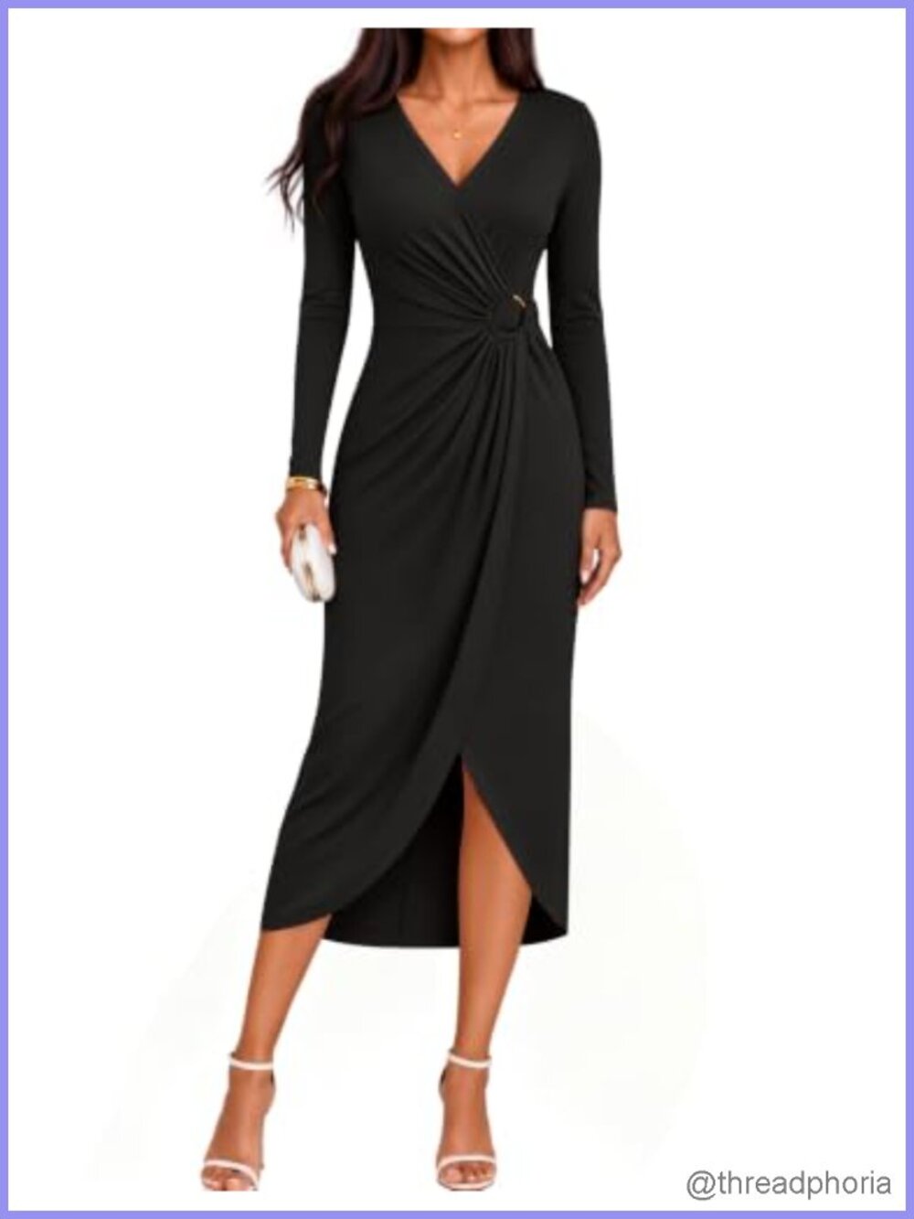Long Sleeve Wrap Bodycon Cocktail Dress Women's Fall Midi V-Neck Ruched Knit